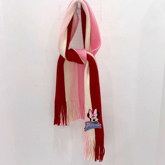 Disney Girls Minnie Mouse Embroidered Stripped Red And Pink Scarf With Fringe - Picture 2 of 6